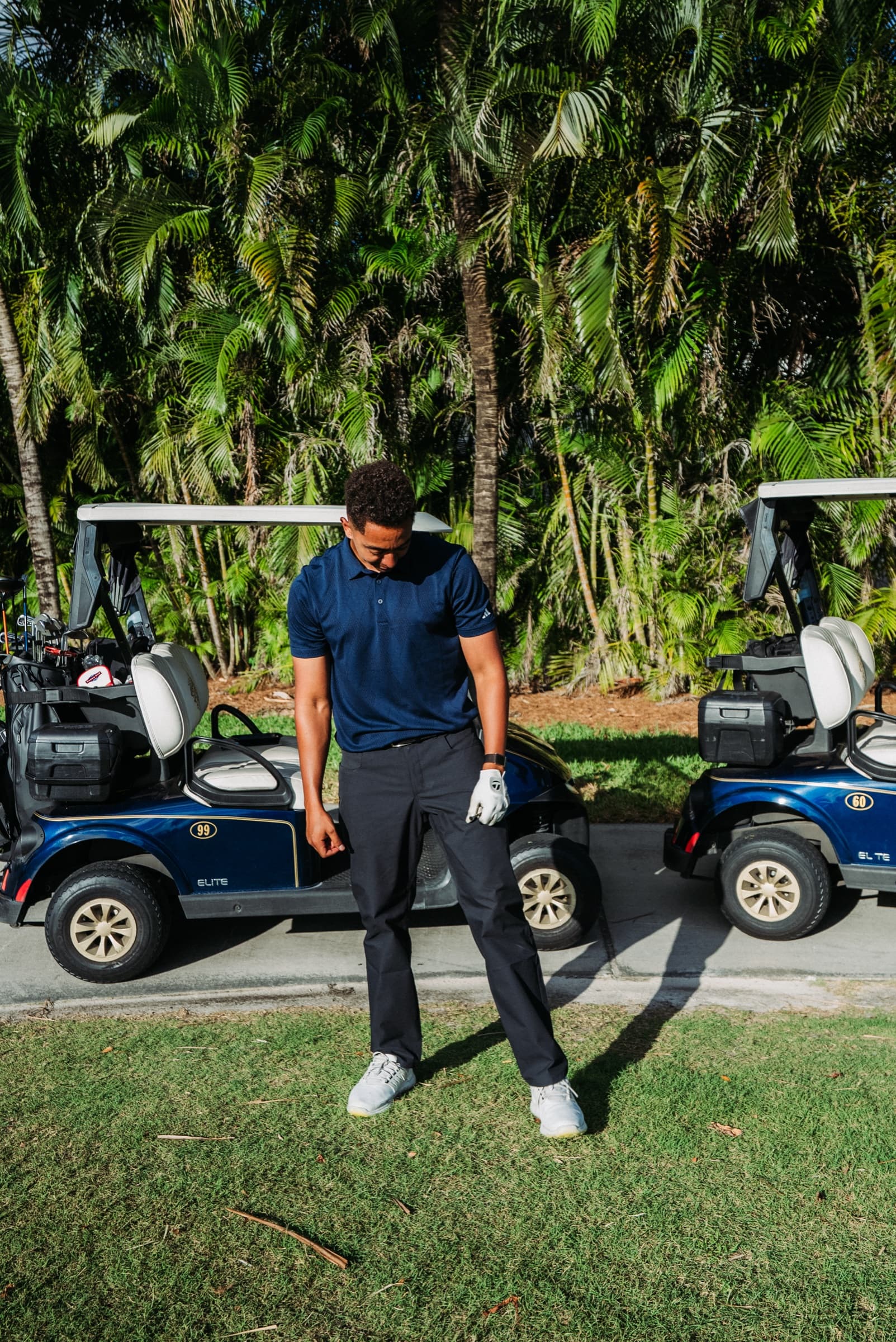 Golfer standing between two golf carts beneath tall palms